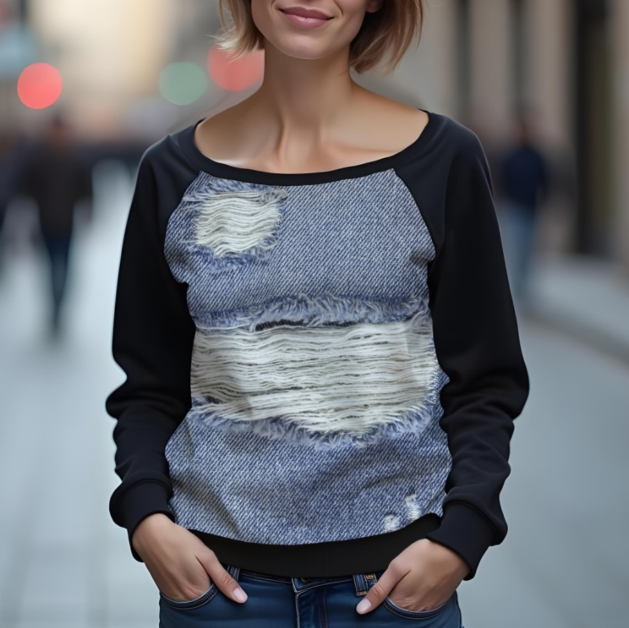 Світшот реглан з відкритими плечима в романтичному стилі з принтом "Текстура джинсу
