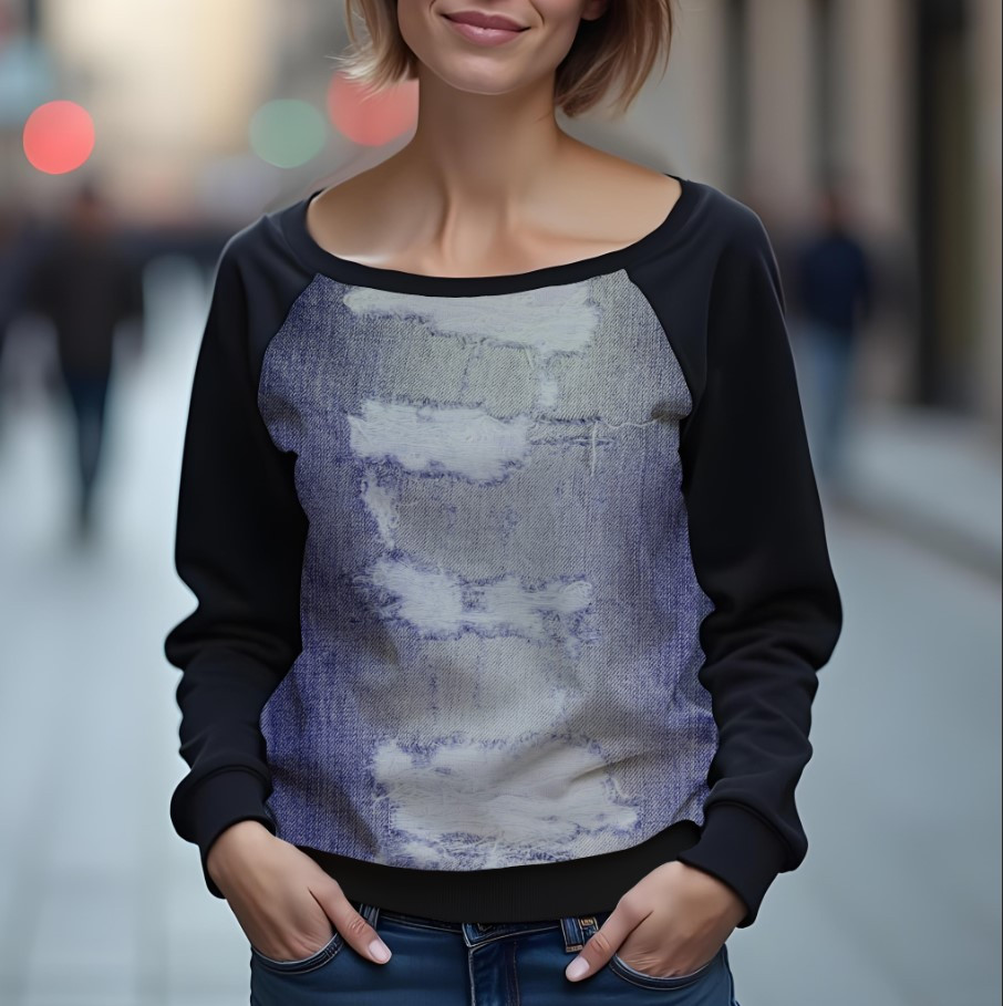 Світшот реглан з відкритими плечима в романтичному стилі з принтом "Текстура джинсу