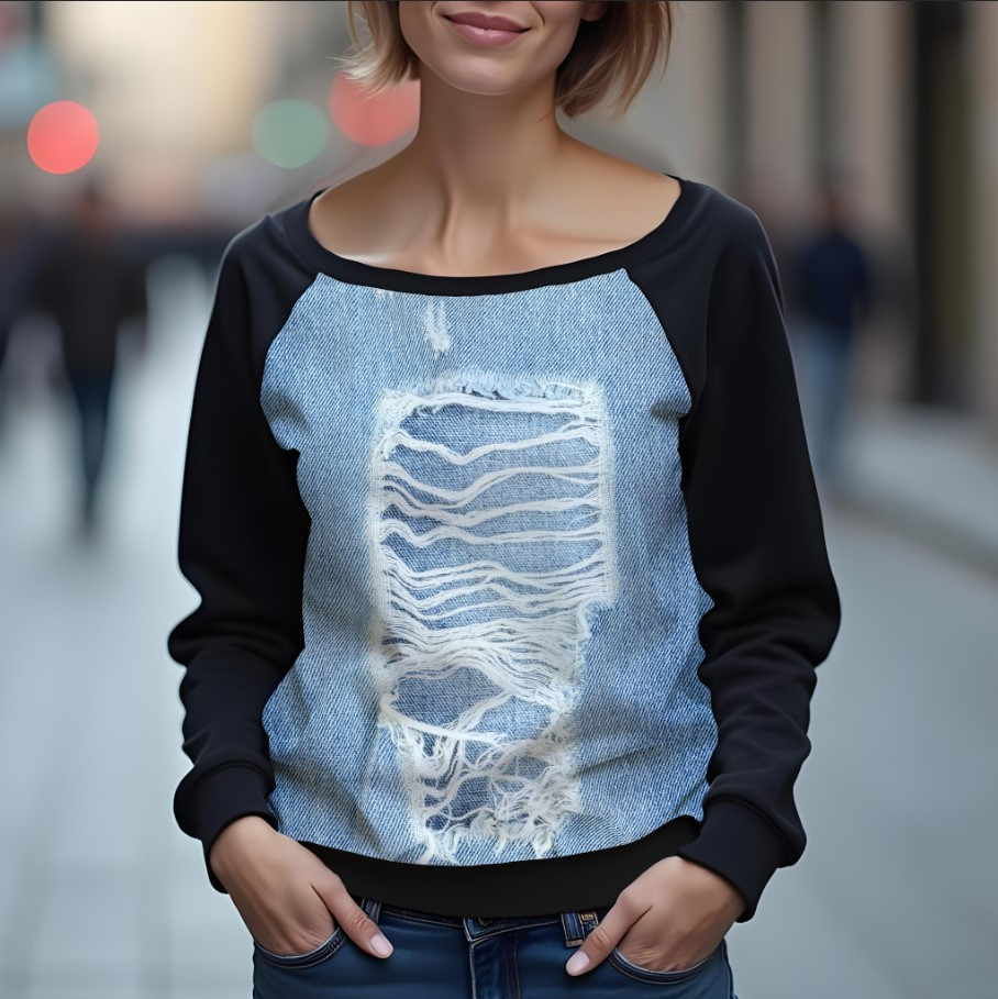 Світшот реглан з відкритими плечима в романтичному стилі з принтом "Текстура джинсу