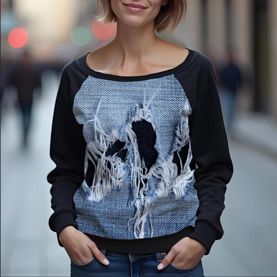 Світшот реглан з відкритими плечима в романтичному стилі з принтом "Текстура джинсу