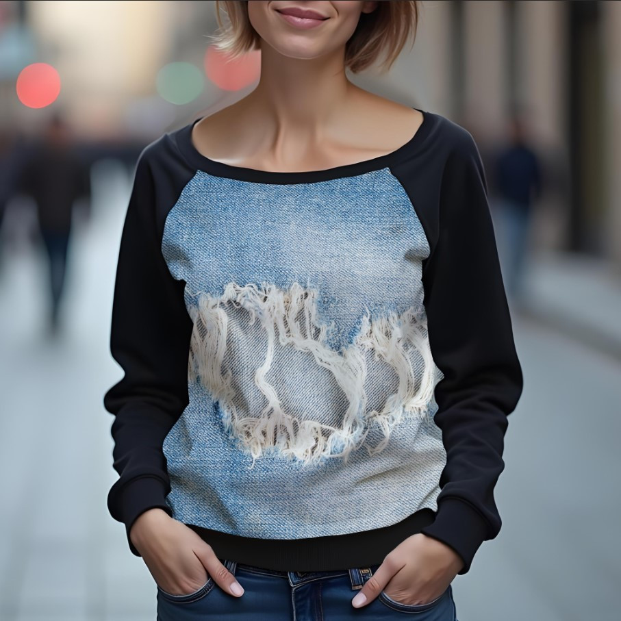 Світшот реглан з відкритими плечима в романтичному стилі з принтом "Текстура джинсу