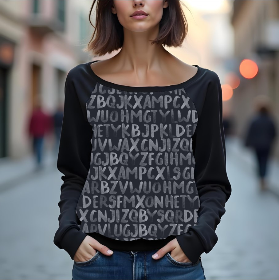 Світшот реглан з відкритими плечима в романтичному стилі з принтом "Текстура літер