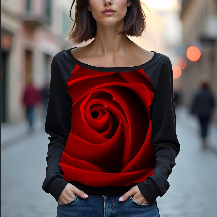 Світшот реглан з відкритими плечима в романтичному стилі з принтом "Троянда