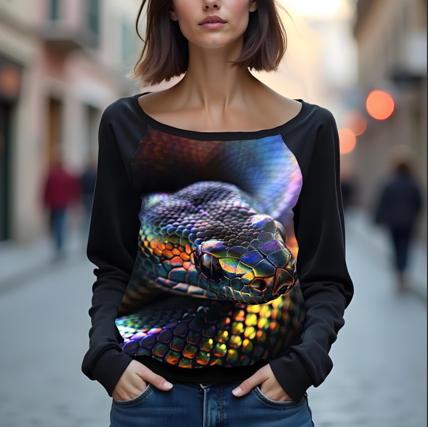 Світшот реглан з відкритими плечима в романтичному стилі з принтом "Фантастична змія