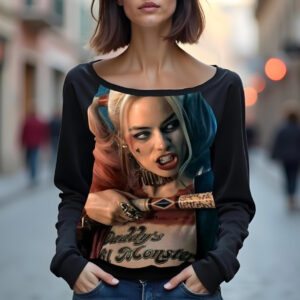 Світшот реглан з відкритими плечима в романтичному стилі з принтом "Харлі Квін