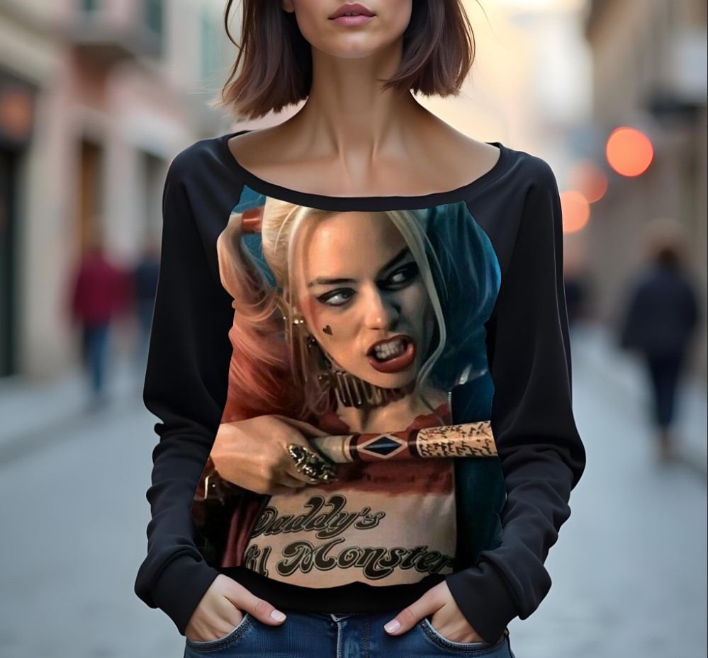 Світшот реглан з відкритими плечима в романтичному стилі з принтом "Харлі Квін