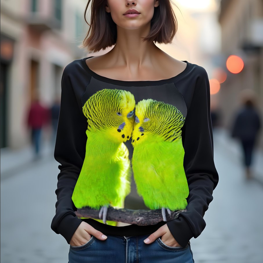 Світшот реглан з відкритими плечима в романтичному стилі з принтом "Хвилястий папужка