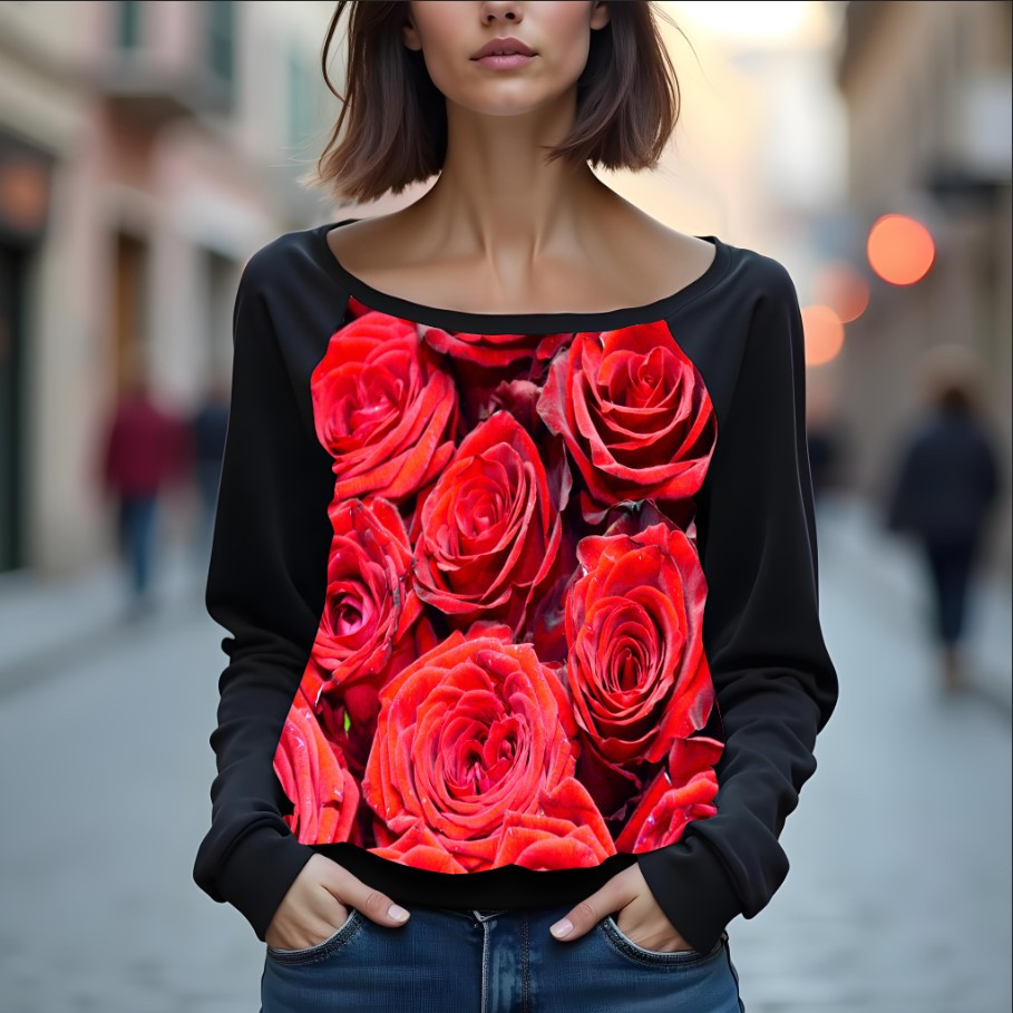 Світшот реглан з відкритими плечима в романтичному стилі з принтом "Червоні троянди