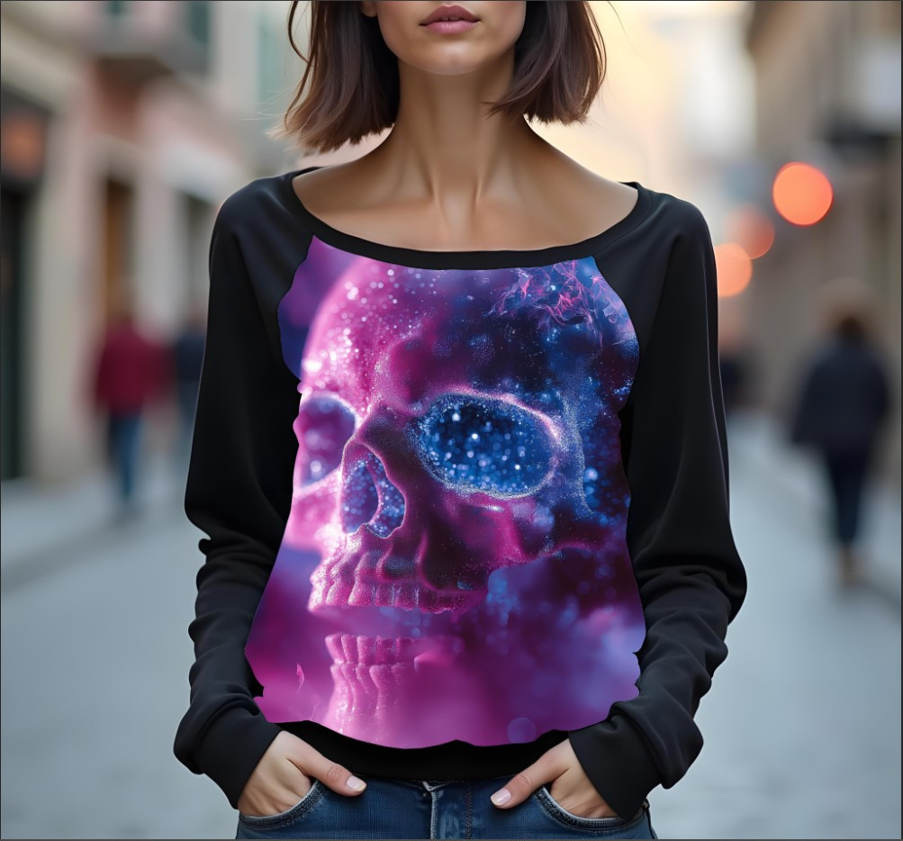 Світшот реглан з відкритими плечима в романтичному стилі з принтом "Череп