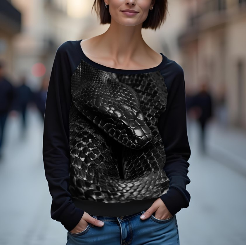 Світшот реглан з відкритими плечима в романтичному стилі з принтом "Чорна змія" ВСІ Розміри Преміум тканина