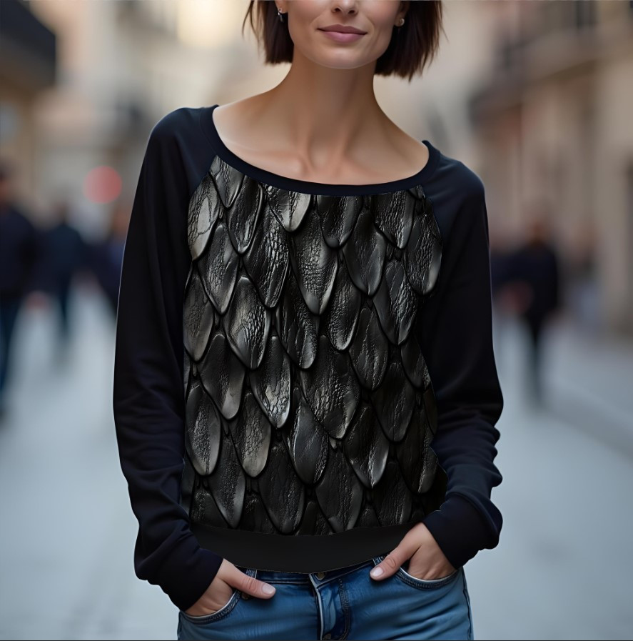 Світшот реглан з відкритими плечима в романтичному стилі з принтом "Шкіра дракона