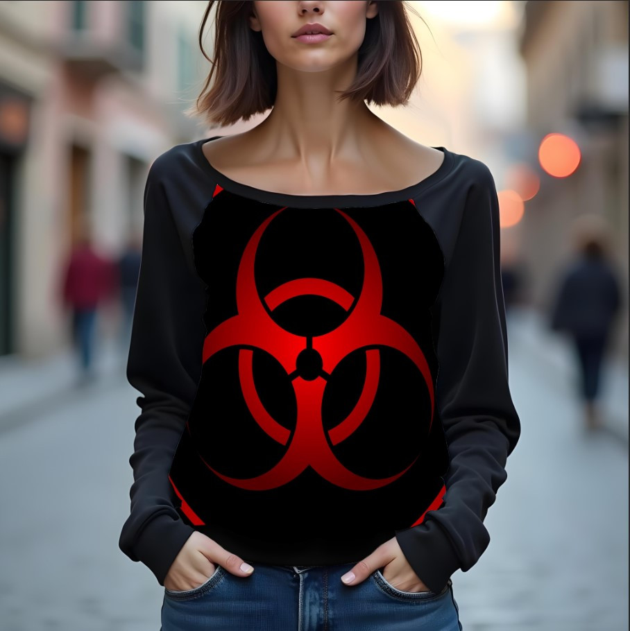 Світшот реглан з відкритими плечима в романтичному стилі з принтом "Радіація: знак