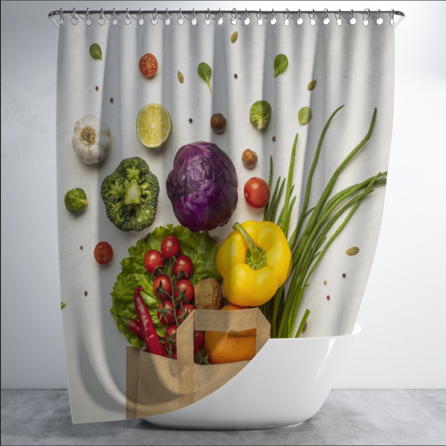 Штора в ванну з принтом "Багато різноманітних овочів" 150х200 см.