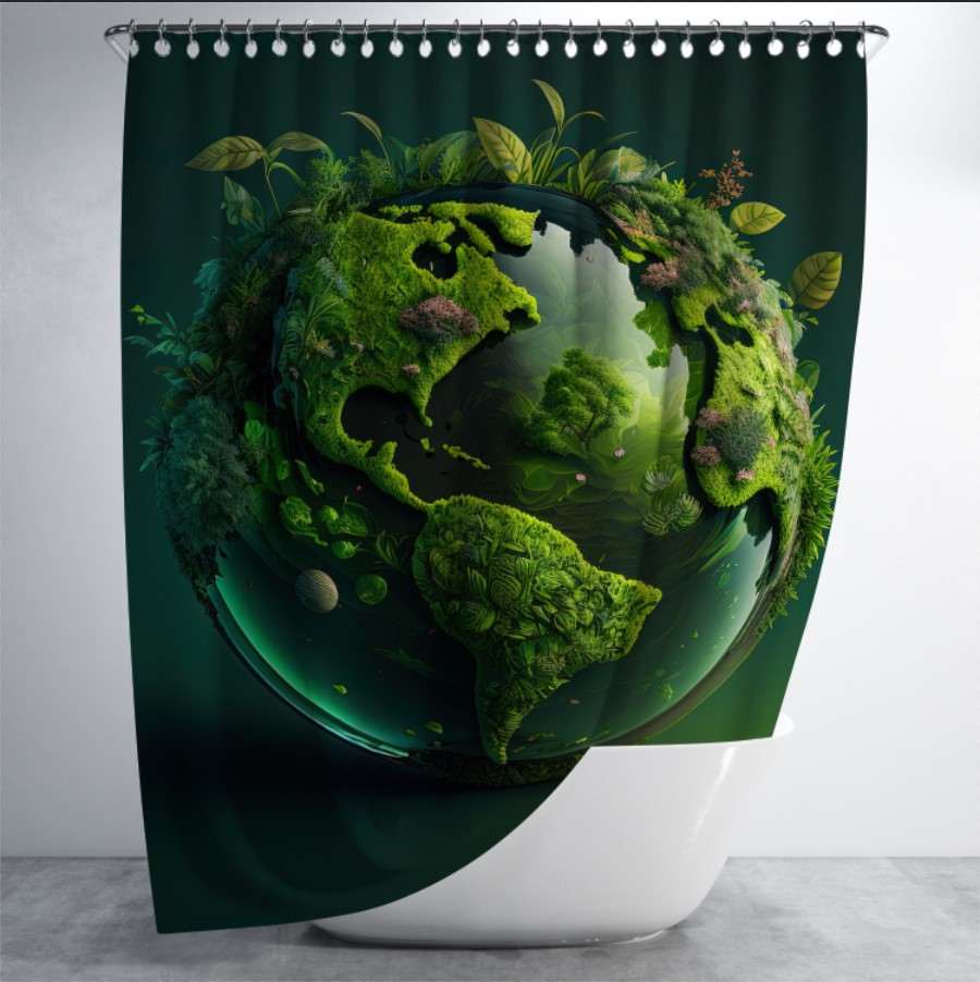 Штора в ванну з принтом "Зелена планета в скляній кулі" 150х200 см.