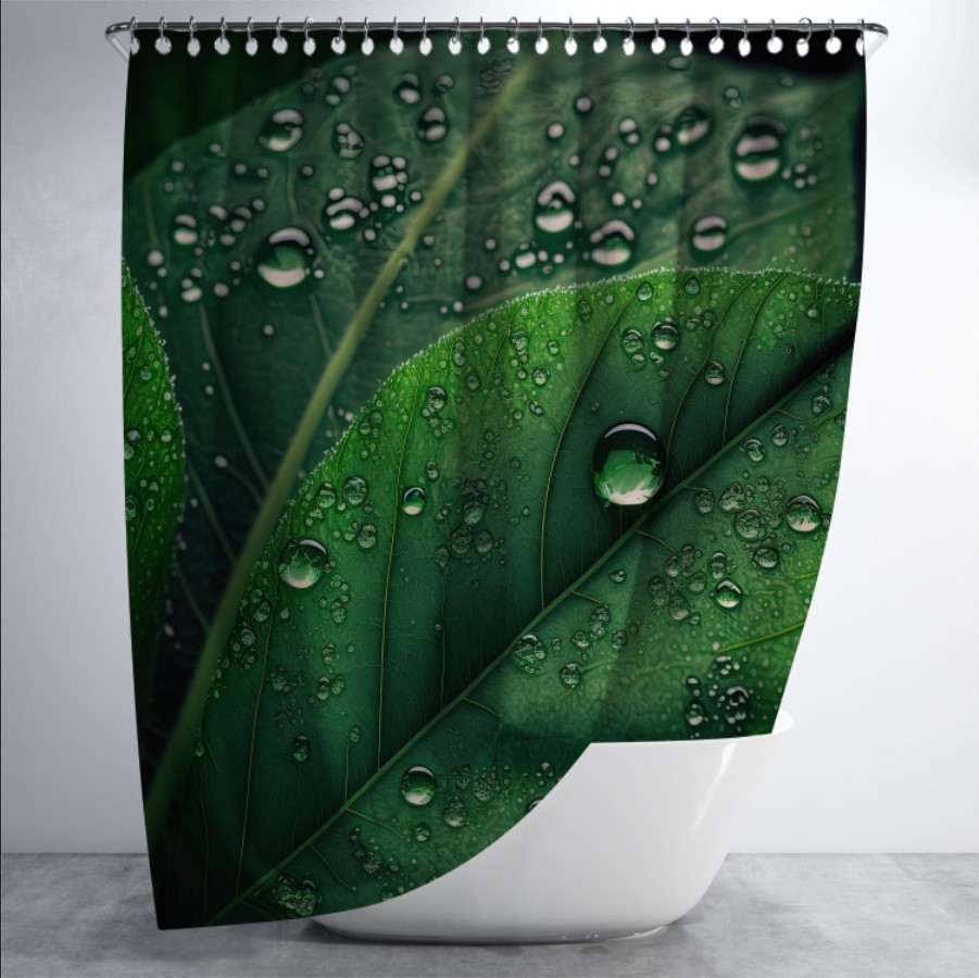 Штора в ванну з принтом "Зелене листя з краплями дощу