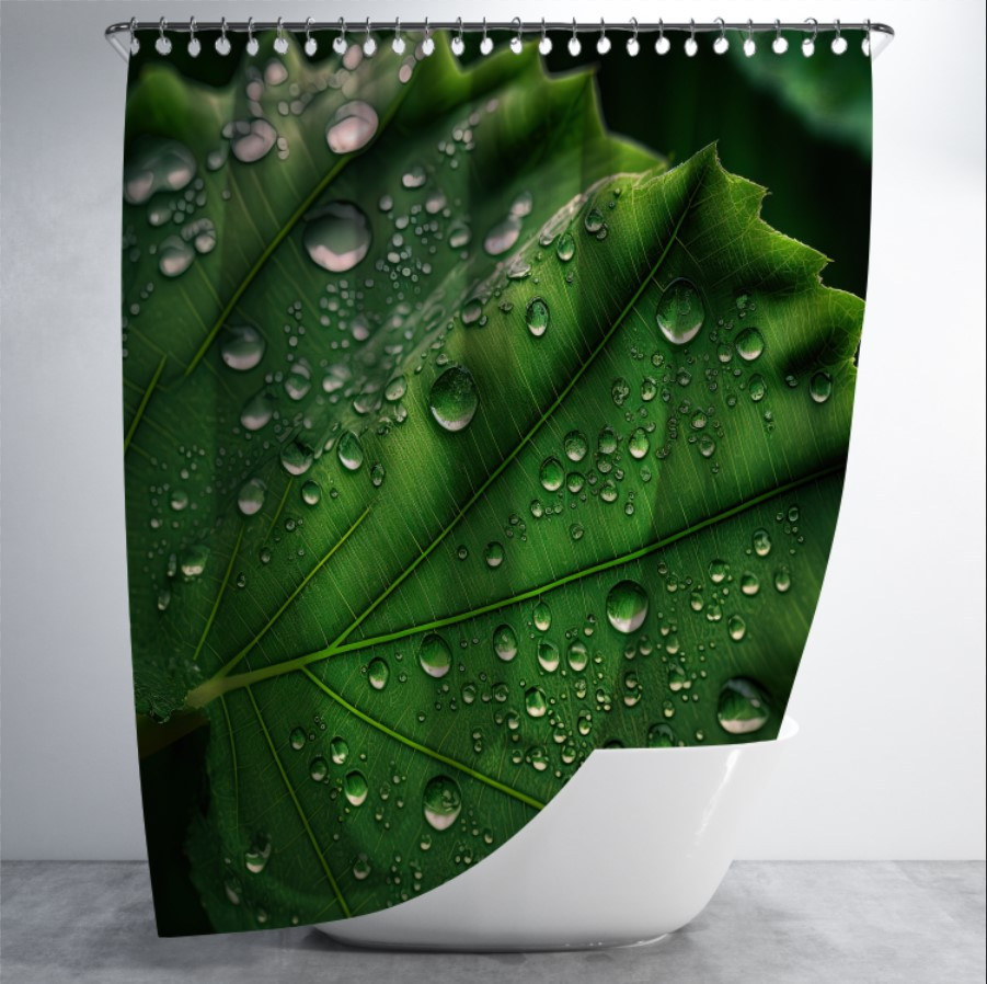 Штора в ванну з принтом "Зелене листя з краплями дощу