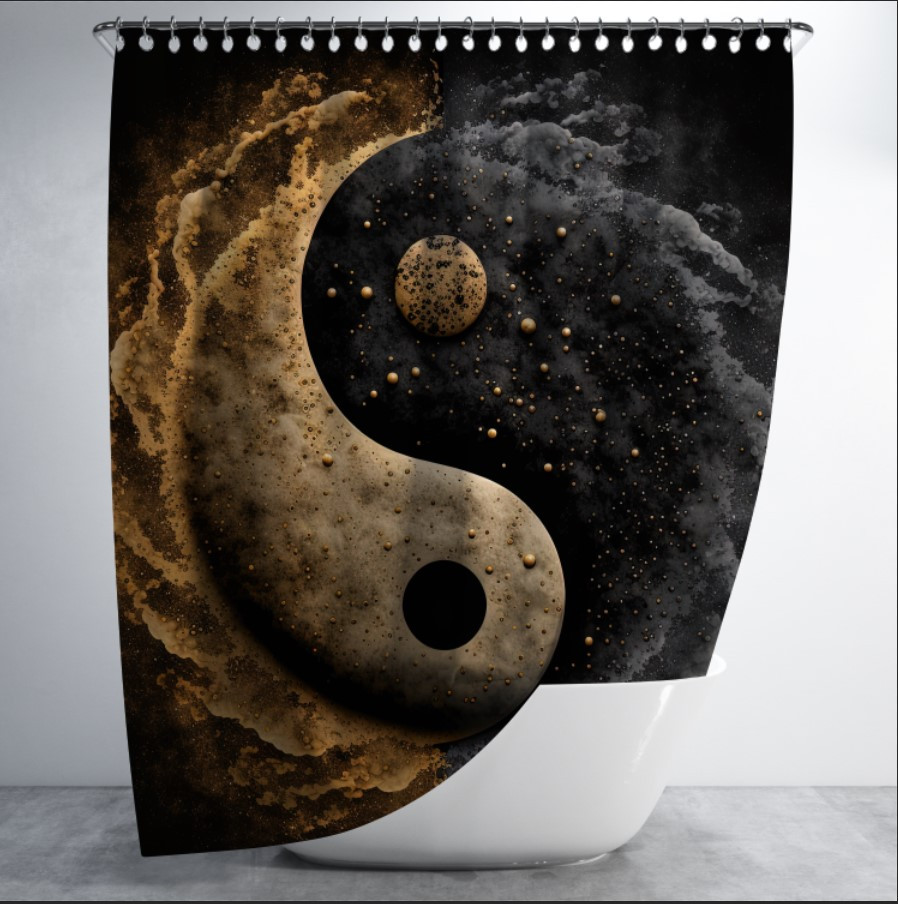 Штора в ванну з принтом "Золотий чорний символ інь-янь