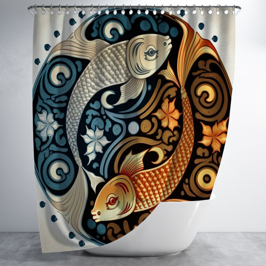 Штора в ванну з принтом "Інь-янь з карпами кои