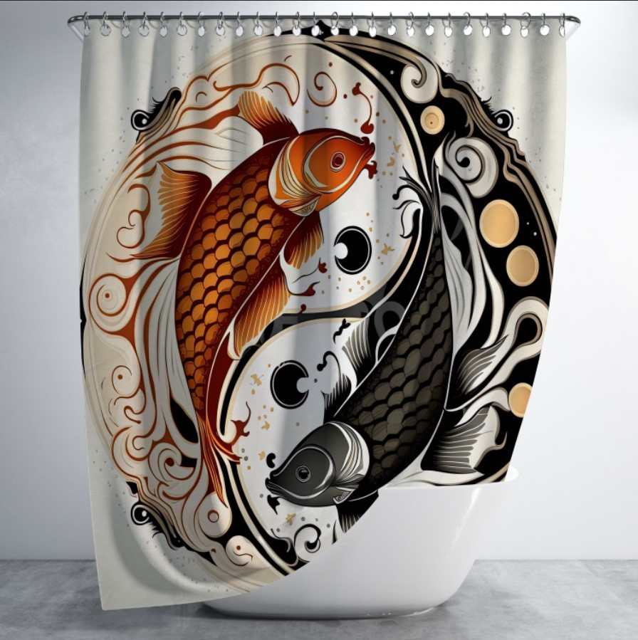 Штора в ванну з принтом "Інь-янь з карпами кои