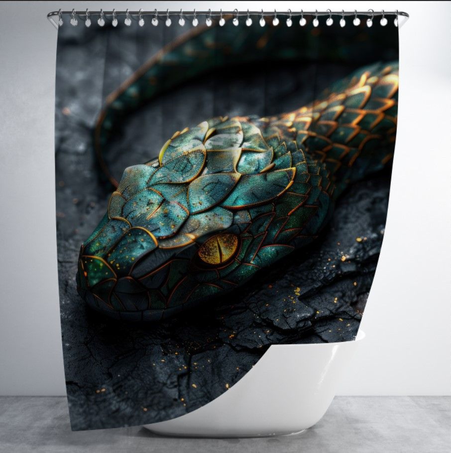 Штора в ванну з принтом "Фантастична змія на чорному камінні