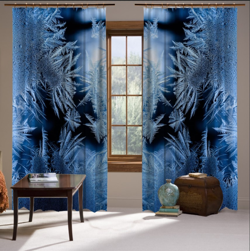 Штори з принтом Блакитне мороз: іній сніжинки скло візерунки