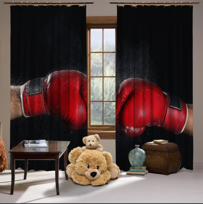 Штори з принтом Бокс. Фанат спорту: чорний фон рукавички червоні удар