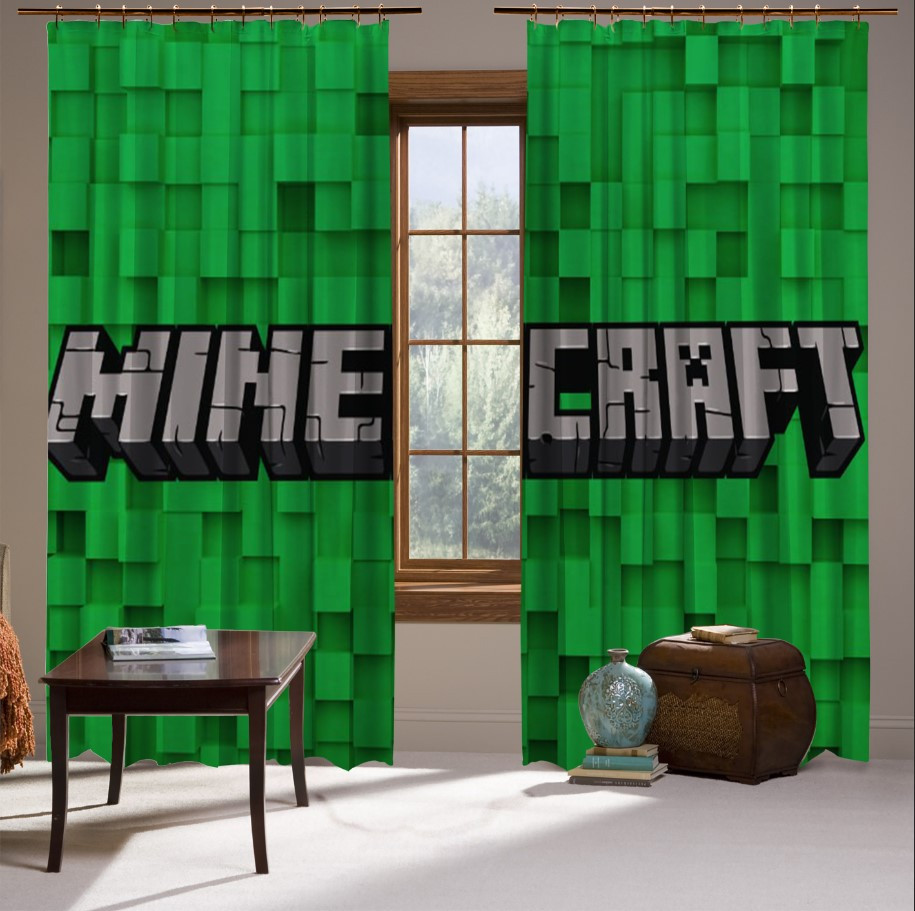 Штори з принтом Гра. Гравець: зелений фон лого назва Minecraft