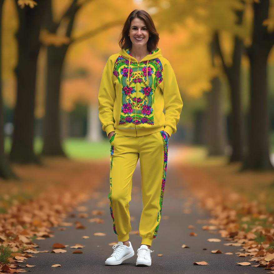 Жіночий спортивний костюм з рельєфним худі і принтом Українська хустка жовтого кольору Етнічний стиль ВСІ Розміри Преміум тканина
