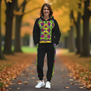 Жіночий спортивний костюм з рельєфним худі і принтом Українська хустка чорного кольору Етнічний стиль ВСІ Розміри Преміум тканина