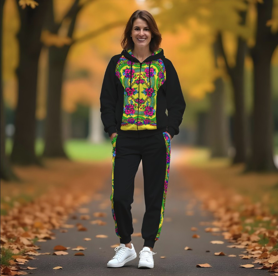 Жіночий спортивний костюм з рельєфним худі і принтом Українська хустка чорного кольору Етнічний стиль ВСІ Розміри Преміум тканина