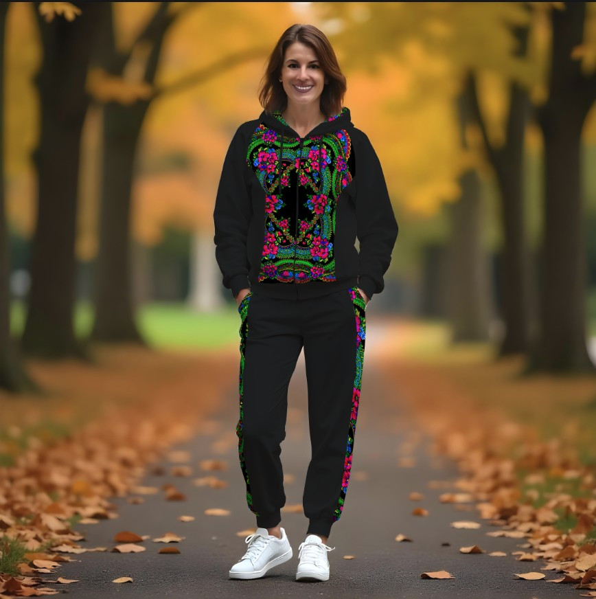 Жіночий спортивний костюм з рельєфним худі і принтом Українська хустка чорного кольору Етнічний стиль 2 ВСІ Розміри Преміум