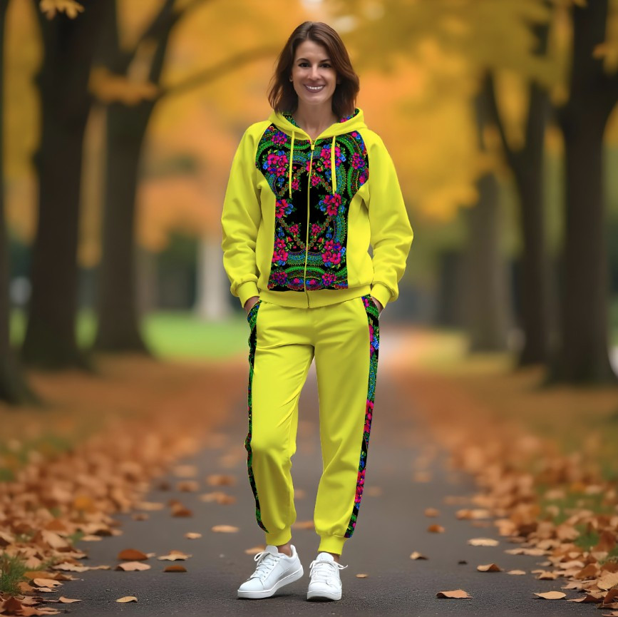 Жіночий спортивний костюм з рельєфним худі і принтом Українська хустка жовтого кольору Етнічний стиль 1 ВСІ Розміри Преміум