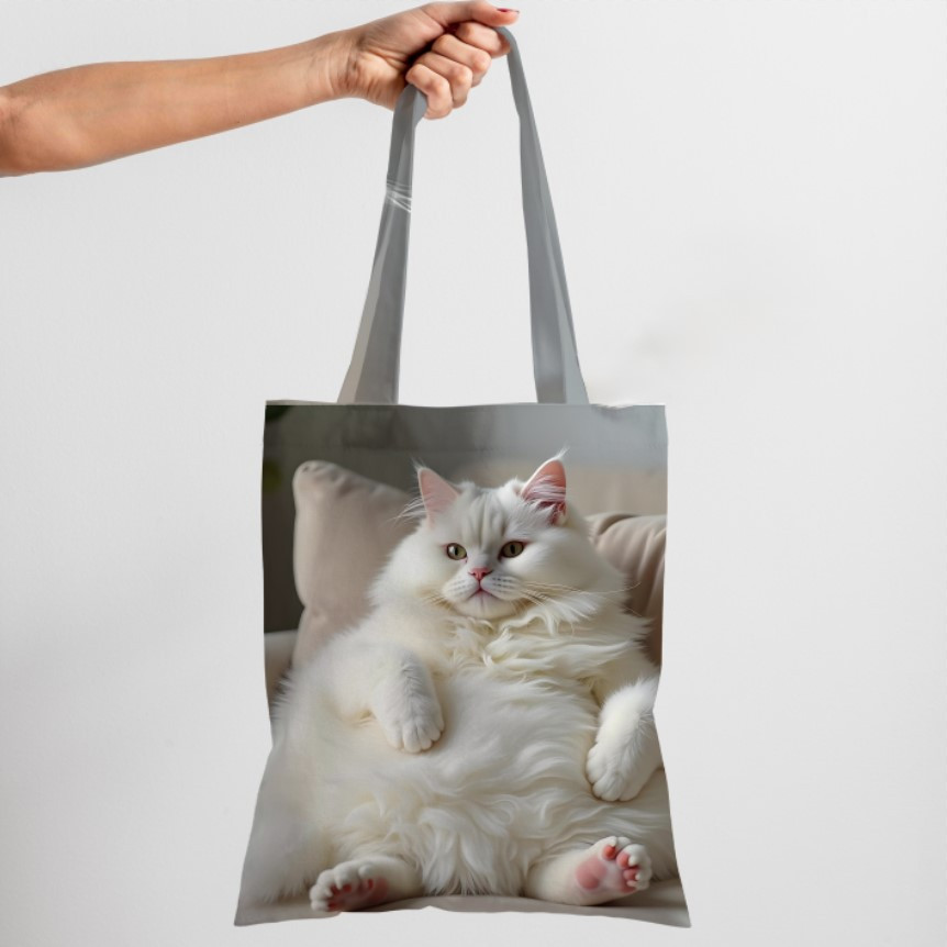 Сумка шопер еко "Кіт білий пухнатий пузатий котик пузатик 1"