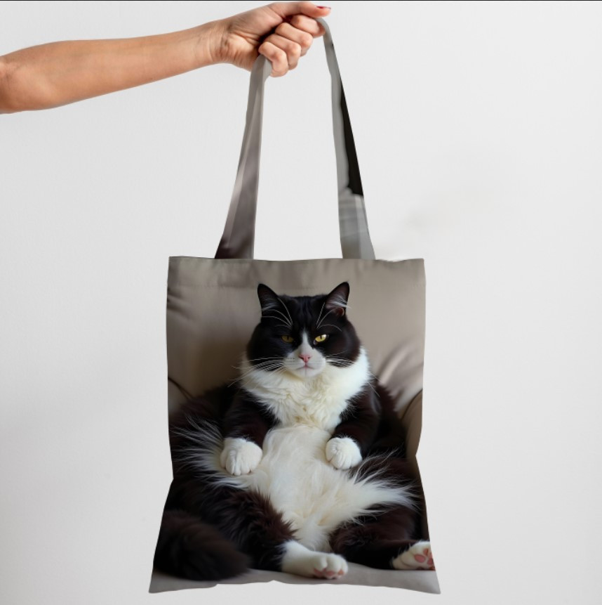 Сумка шопер еко "Кіт чорно білий пухнатий пузатий 1"