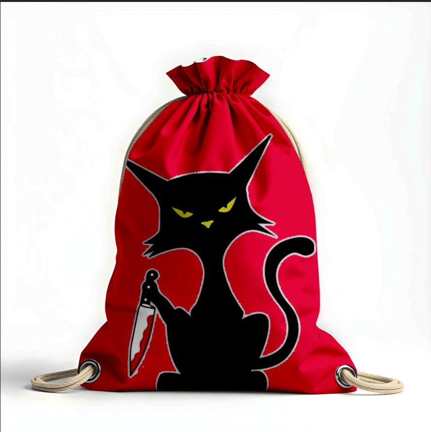 Рюкзак мішок з 3D принтом " чорний мультяшний кіт з ножем"