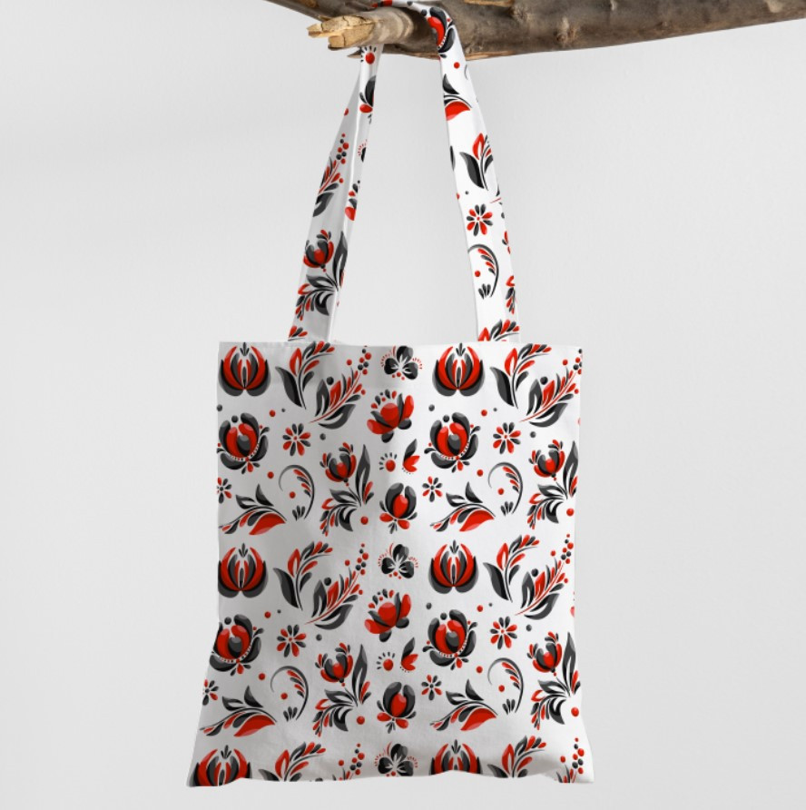 Сумка шопер Еко Квіти Український Етнічний Стиль Розпис Орнамент Чорно Червоний
