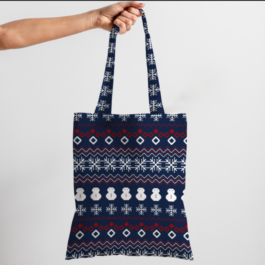 Сумка шопер Еко Геометричний Орнамент Червоно Синій Новорічний Різдвяний Сніговики