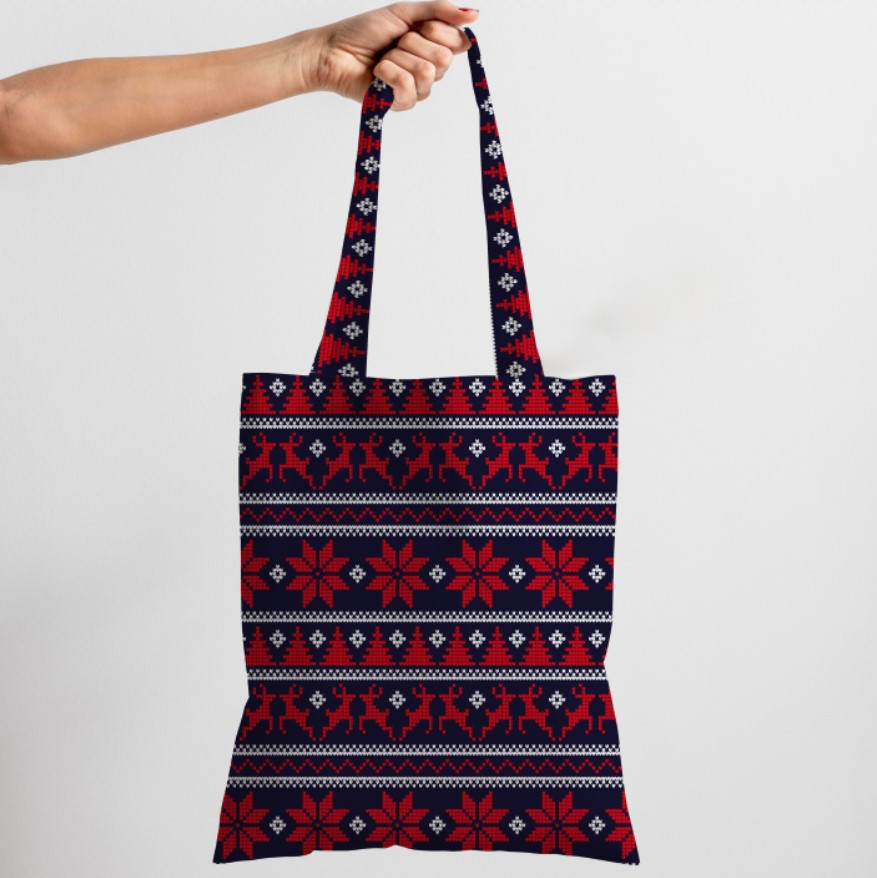 Сумка шопер Еко Геометричний Орнамент Червоно Синій Новорічний Різдвяний Олені Сніжинки