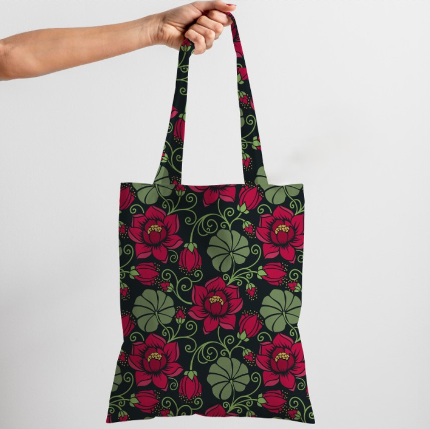 Сумка шопер Еко Квітковий Орнамент Червоні Квіти На Чорному Фоні