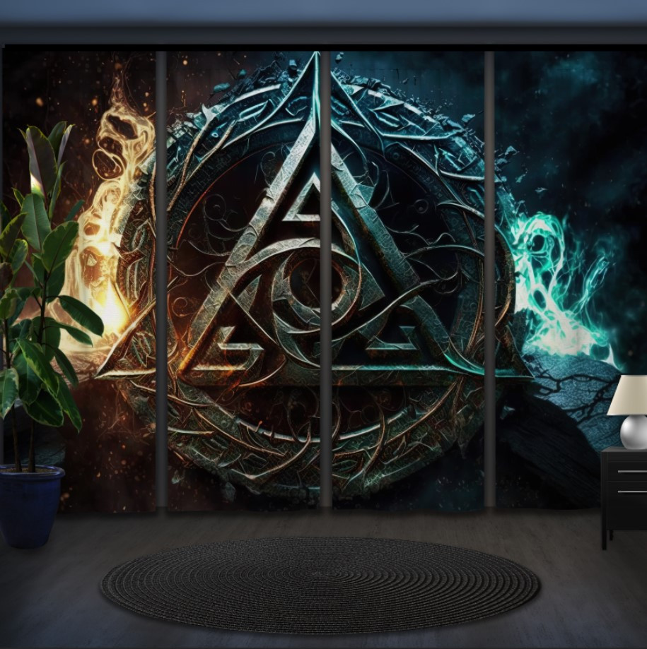 Комплект штор панельних з 4 х штук арканічний символ з ефектом вогнь льод магічний символ "Асгарду Руни"