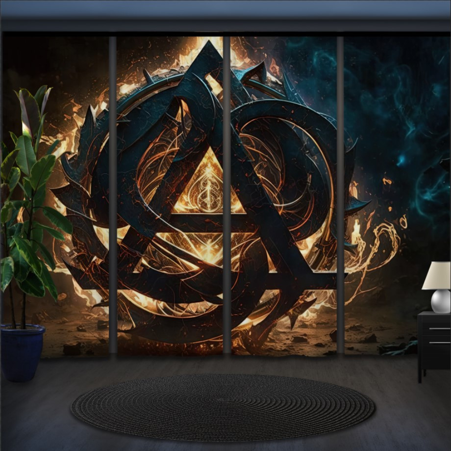 Комплект штор панельних з 4 х штук арканічний символ з ефектом вогнь льод магічний символ "Асгарду Руни 2"