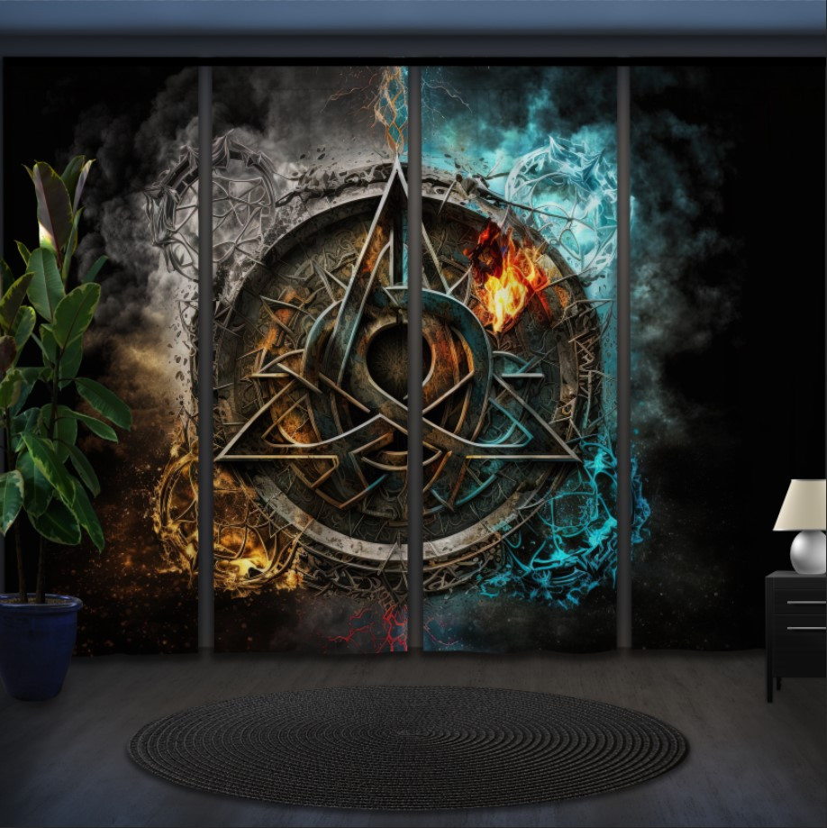 Комплект штор панельних з 4 х штук арканічний символ з ефектом вогнь льод магічний символ "Асгарду Руни 4"