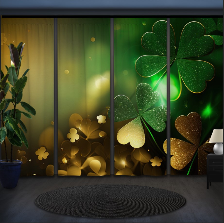 Комплект штор панельних з 4 х штук святковий фон з сяючими конюшинами та золотим "Боке"