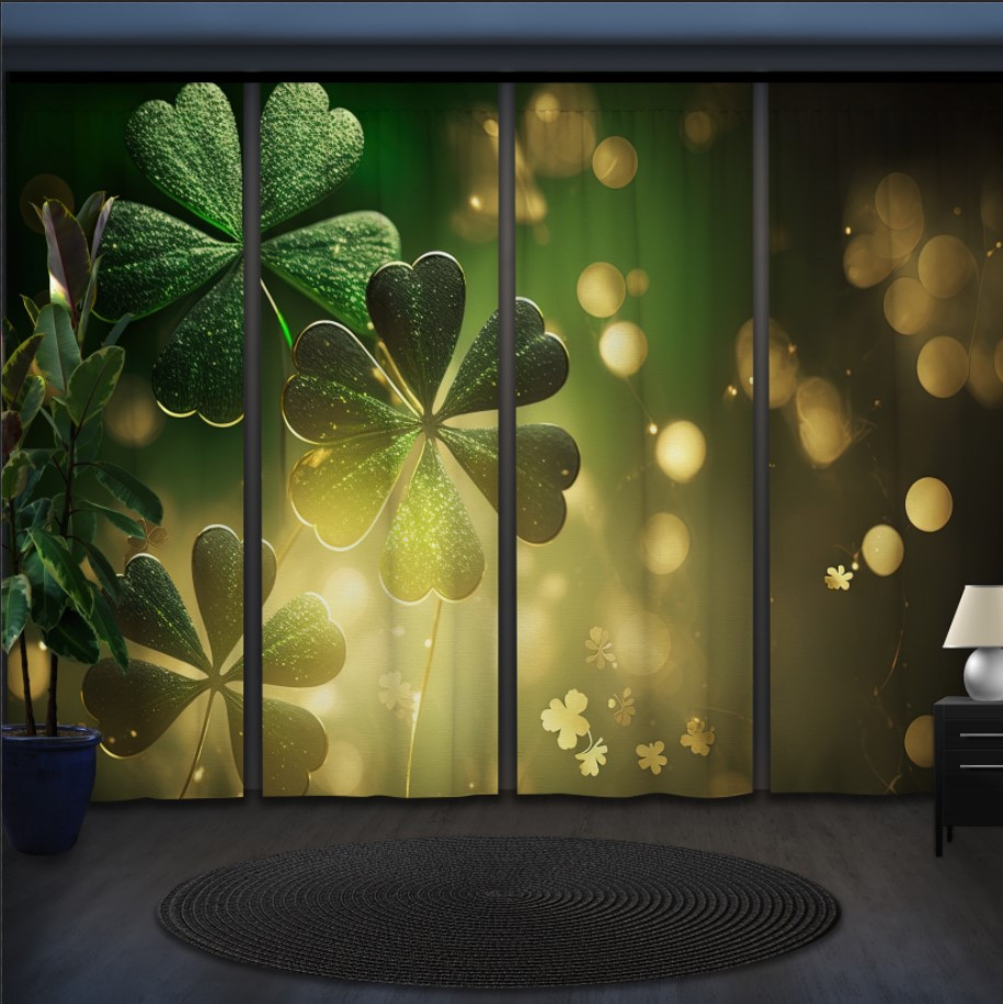 Комплект штор панельних з 4 х штук святковий фон з сяючими конюшинами та золотим "Боке 1"