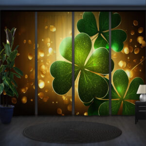 Комплект штор панельних з 4 х штук святковий фон з сяючими конюшинами та золотим "Боке 2"