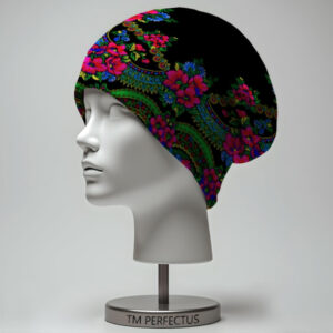 Шапка з 3D принтом "Етнічний стиль Українська хустка з квітами чорна" ВСІ Розміри