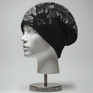 Шапка з 3D принтом "Чорного кольору білий орнамент квіти" ВСІ Розміри