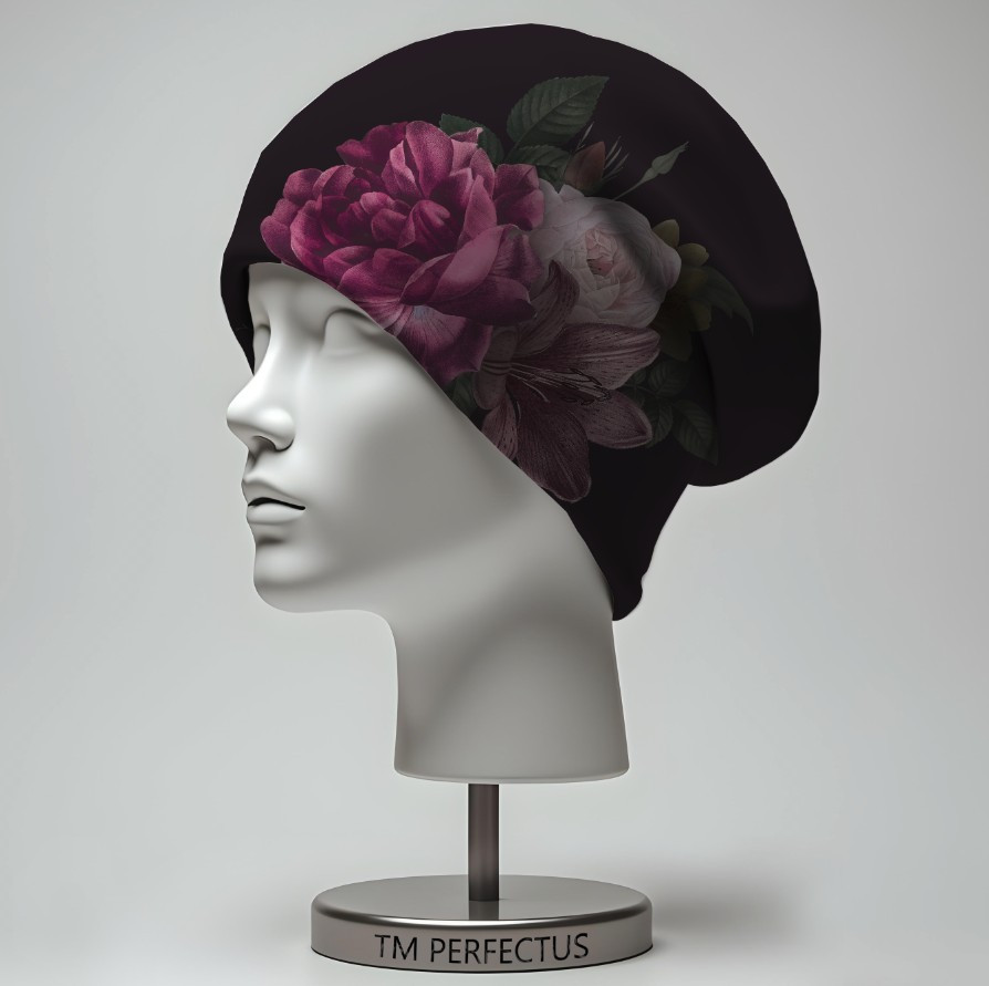 Шапка з 3D принтом "Квіти півонії на чорному фоні" ВСІ Розміри
