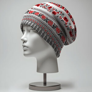 Шапка з 3D принтом "Національна вишиванка хрестиком трояндами червоне біла" ВСІ Розміри