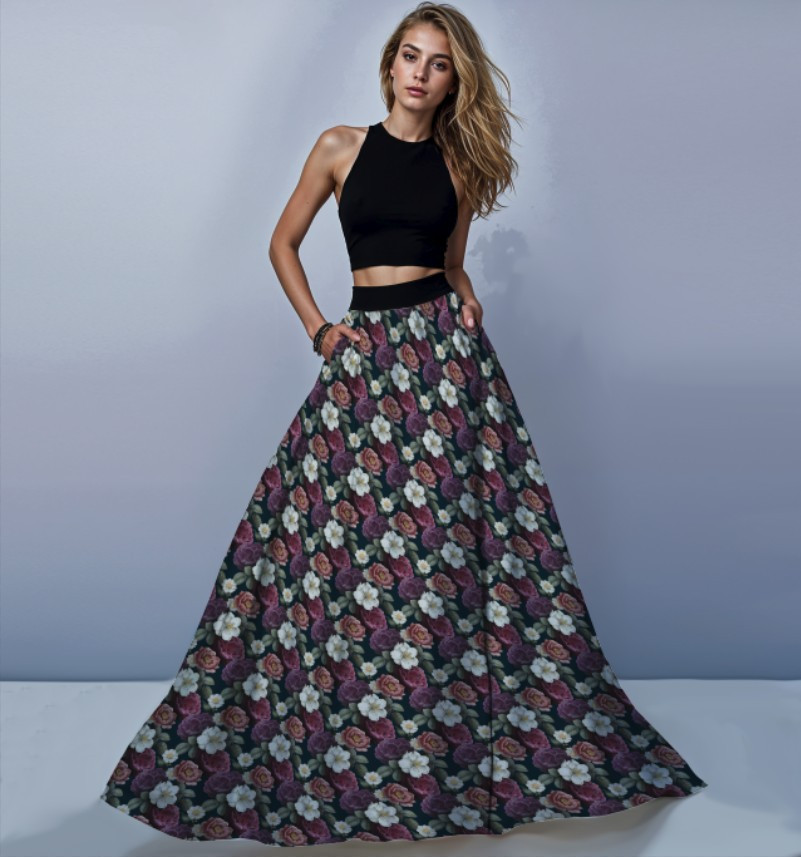 Костюм спідниця максі чорна з вінтажними квітами і короткий топ ВСІ Розміри Преміум тканина